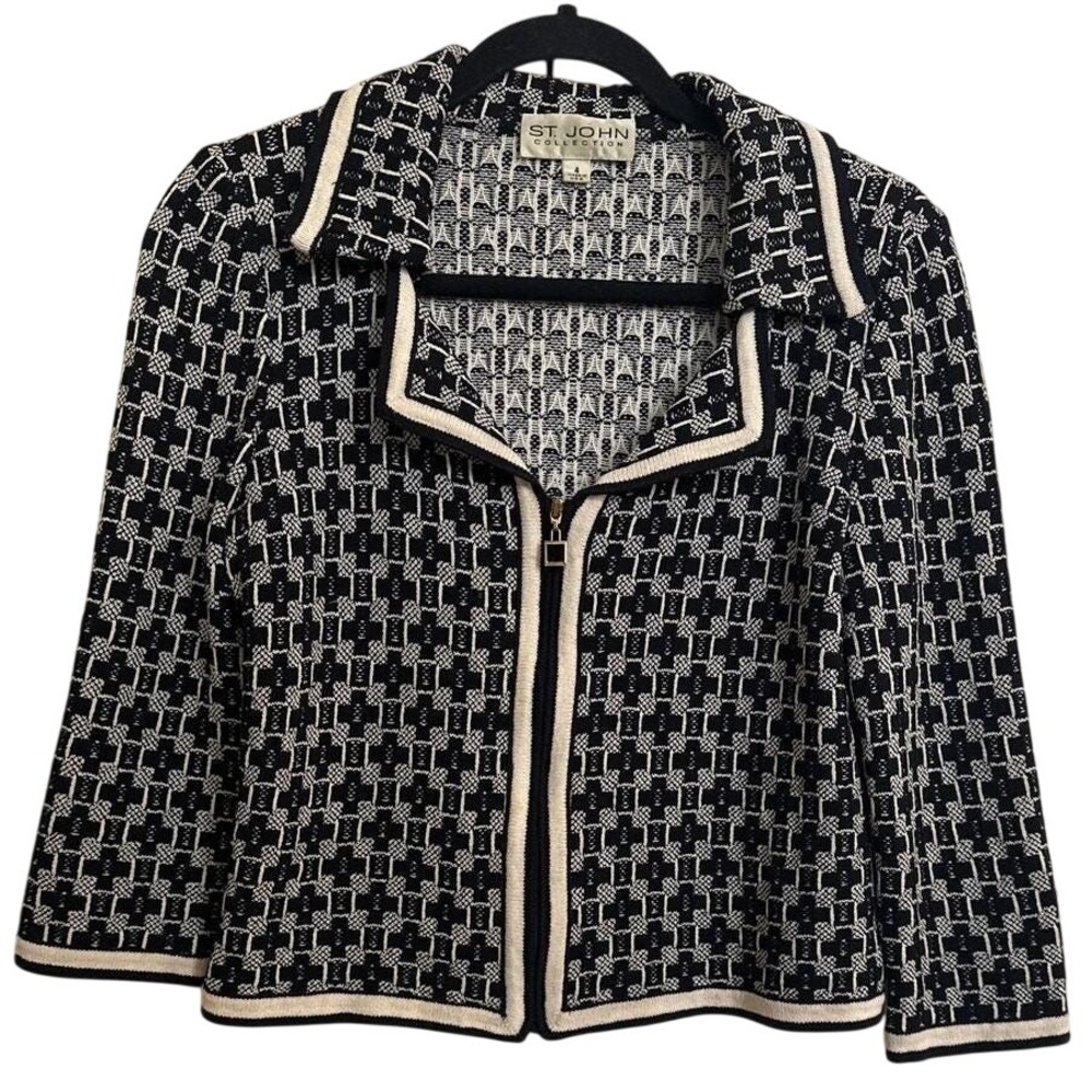 St John Collection Knit Full Zip Jacket Geometric Pattern Black Cream Sz 4 2007